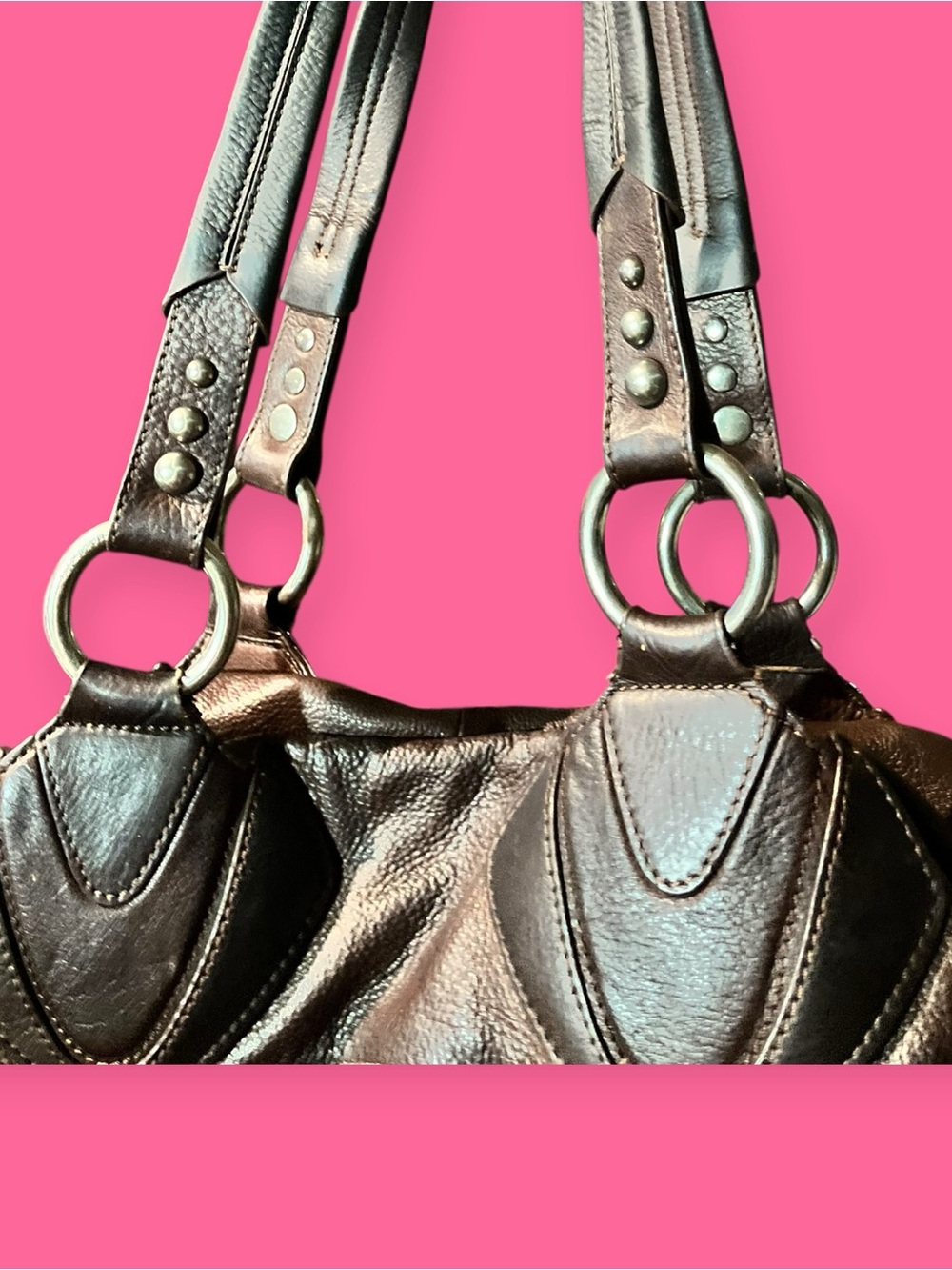 Studded Brown Leather Shoulder Bag - Picture 2 of 9